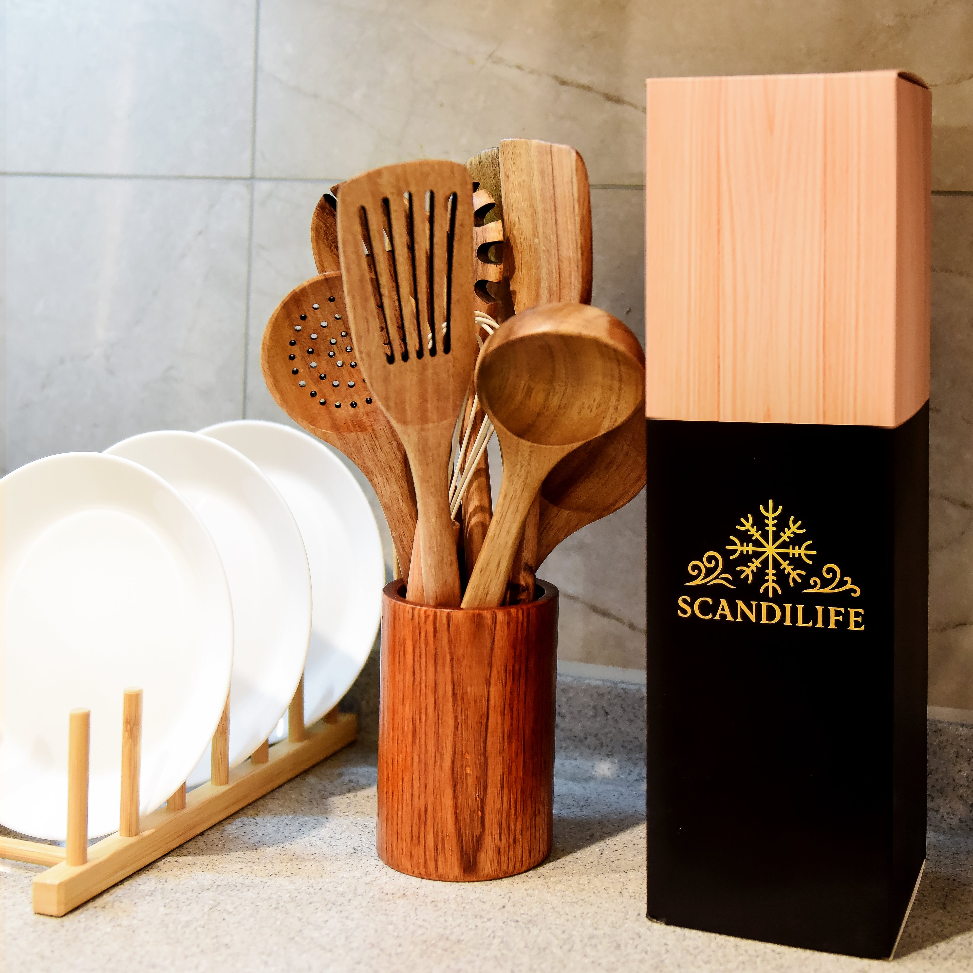 Premium-Holz-Küchenutensilien-Set aus 100 % natürlichem Holz, hitzebeständig und langlebig